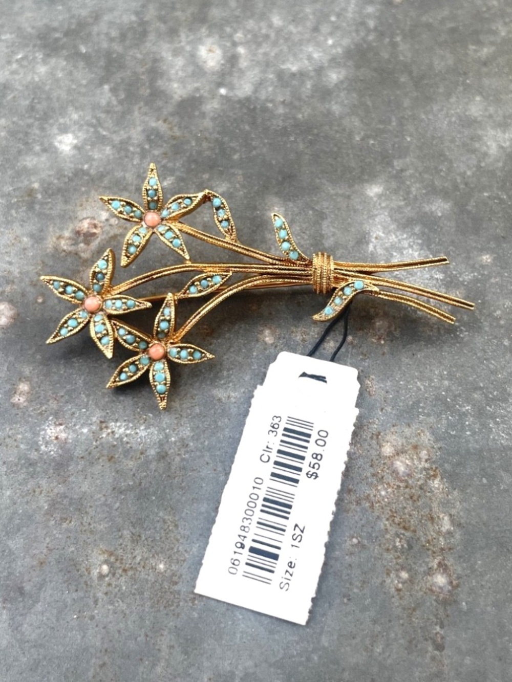 Real Turquoise gold tone Flowers Floral Brooch